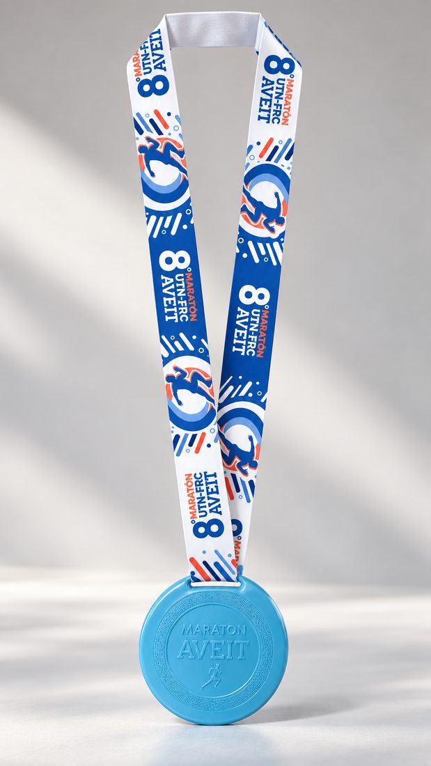 Medalla finisher de la 8° MARATÓN UTN FRC AVEIT con su cinta