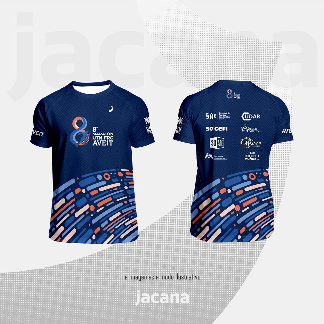 Remera oficial de la 8° MARATÓN UTN FRC AVEIT, vista de frente y de espalda